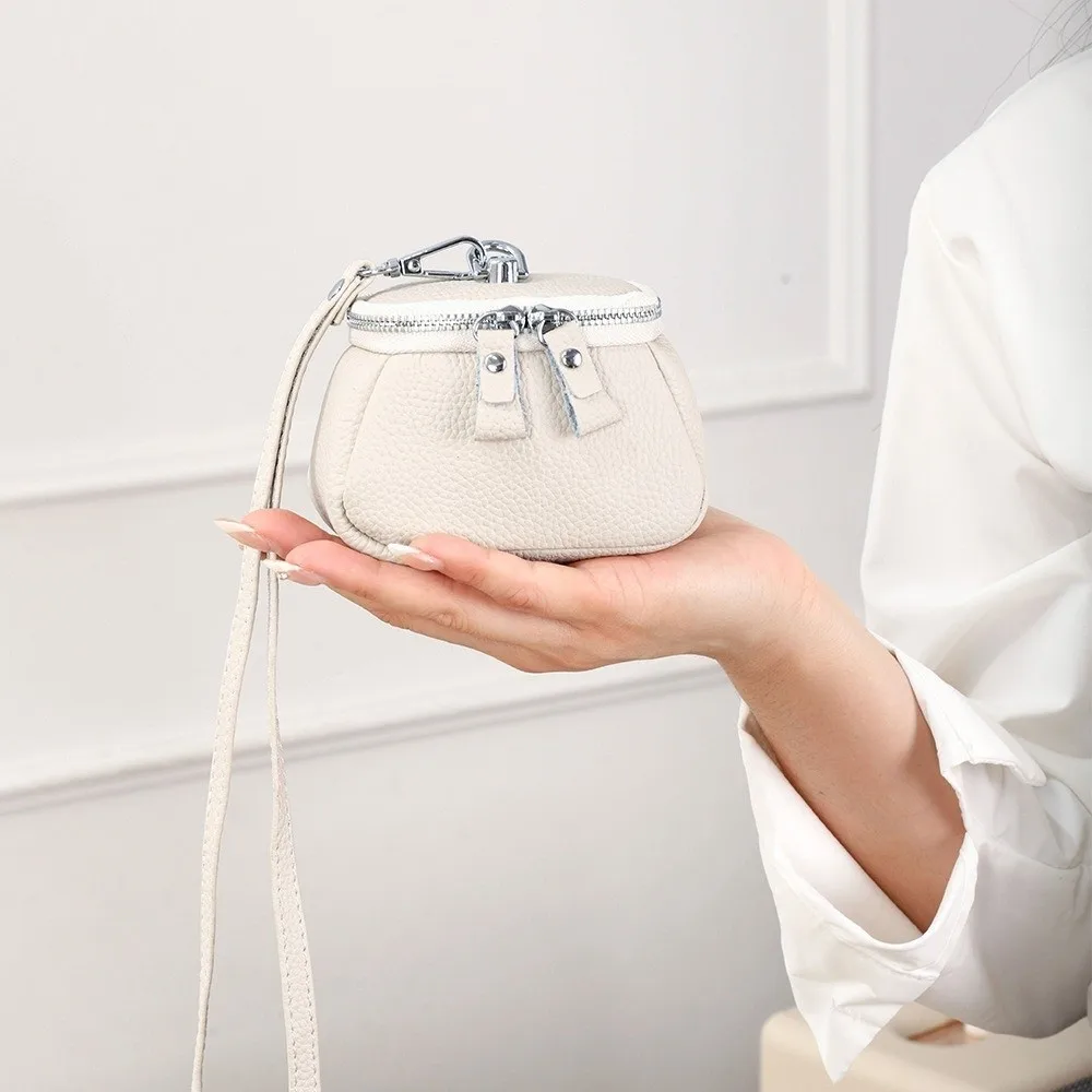 Solid Color Hanging Neck Coin Purse Genuine Leather Lipstick Earphone Pouch Lanyard Wallet Korean Style Makeup Storage