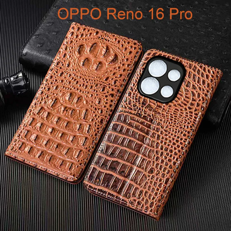 

Crocodile Claw Genuine Leather Flip Case For OPPO Reno 16 Pro Phone Cover Card Cases Scratch Proof