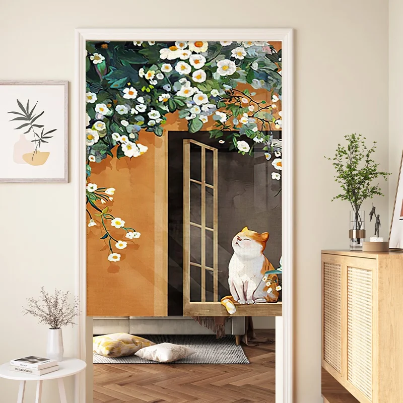 Japanese Cat Pattern Door Curtain No Drill Installation Privacy Curtain for Home Bathroom Bedroom Living Room Decor