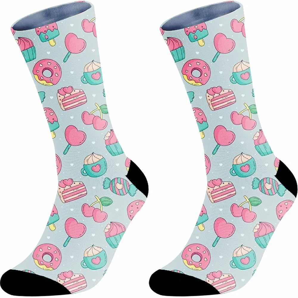 Creative heart-shaped dessert pattern sports cycling socks, unisex, sweat absorbing, breathable, durable, bicycle gift