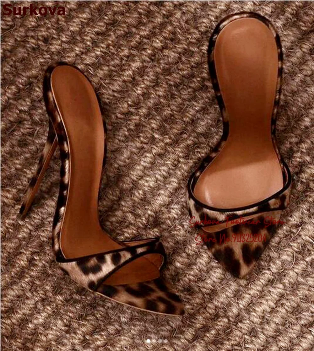 

Surkova Leopard Satin Cloth High Heel Slippers Women Slip-on Pointed Toe Dress Pumps Wexy Concise Evening Banquet Footwear