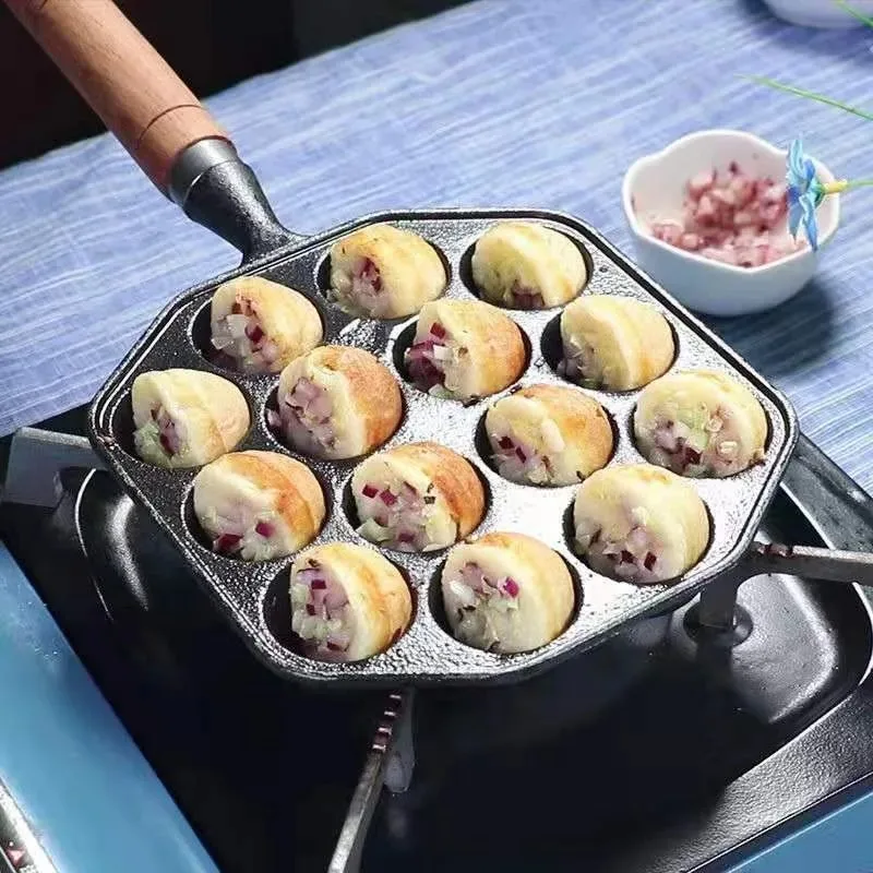 Baking Takoyaki Pan 14 Holes Gift Pancake Silicone Brush With Forks Home Kitchen Professional Induction Cast Iron Gas Stove view 3