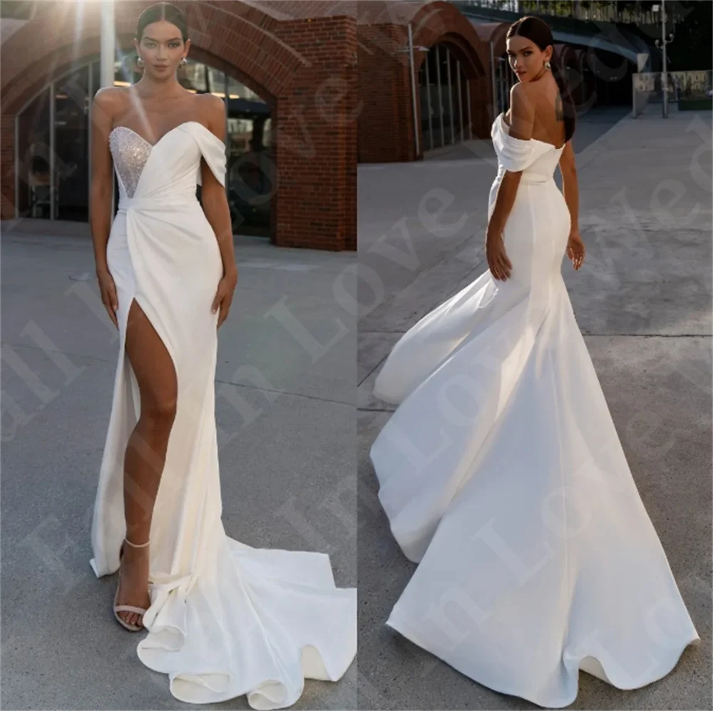 White Mermaid Wedding Dress Sleeveless Sequin and Satin Sweep Train Sexy Side Split Custom Made Bride Gown Robe de mariée 2024