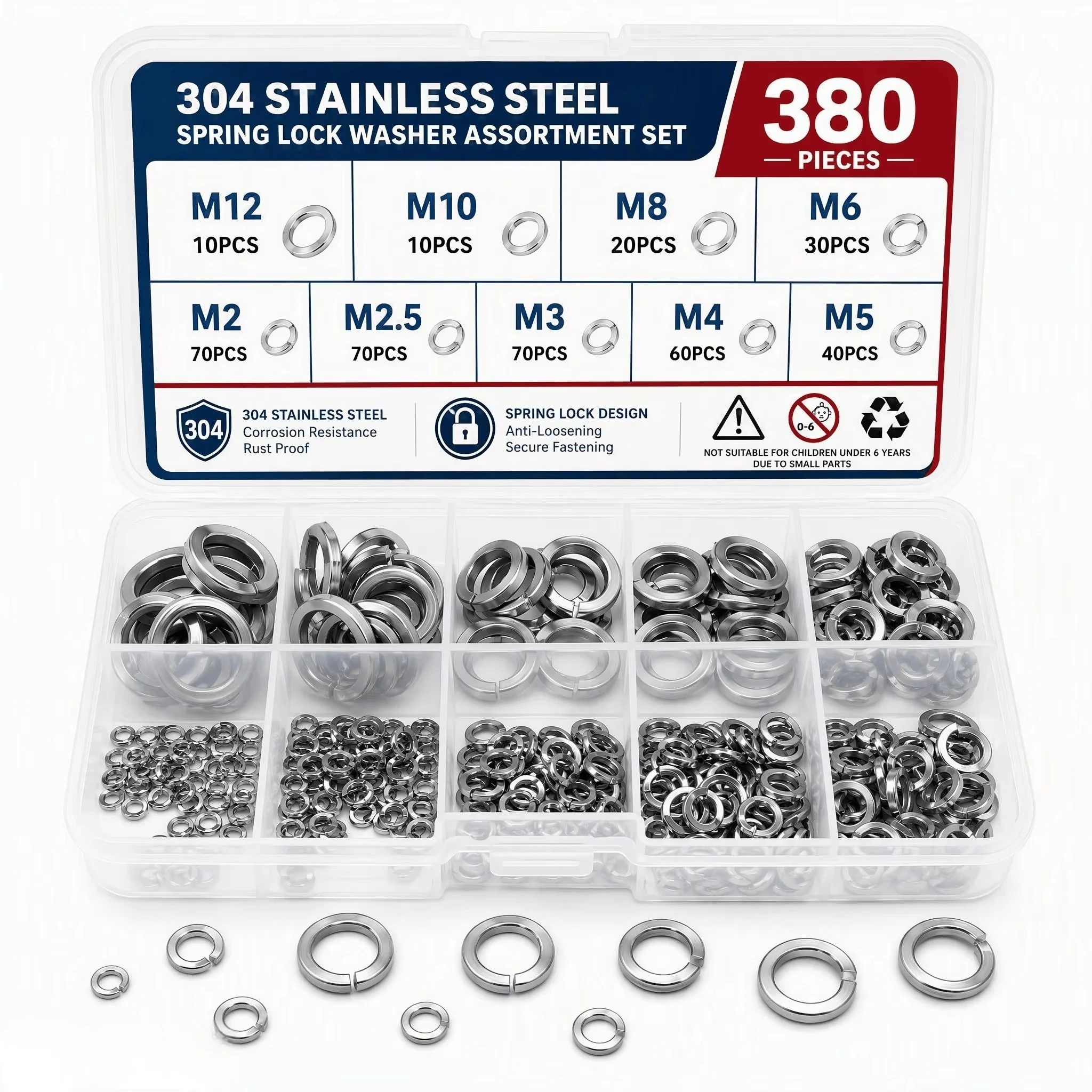 380pcs 304 Stainless Steel Split Lock Washers Assortment Kit, Spring Lock Washer 8 Sizes M2 M2.5 M3 M4 M5 M6 M8 M10 M12