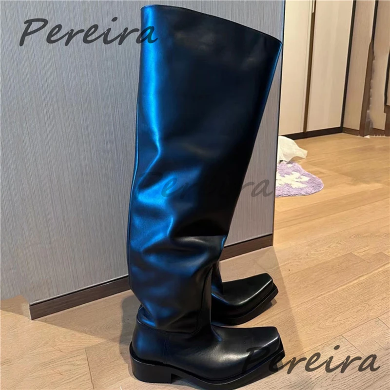 سميكة سوليد فوق الركبة الأحذية للرجال النساء جلد أسود ساحة تو الانزلاق على فارس الأحذية الخريف الشتاء موضة أحذية بوت قصيرة