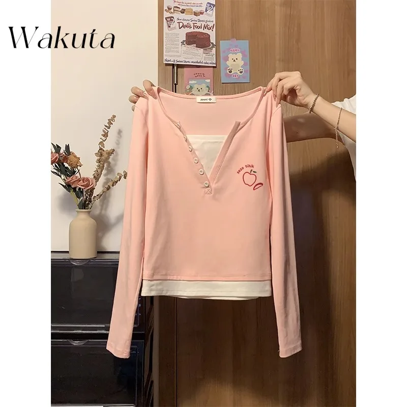 WAKUTA Korean Classic U Neck Long Sleeve Patchwork Jacket Fashion Button Design Sense Tops Autumn Pink Fake Two Piece Pullovers