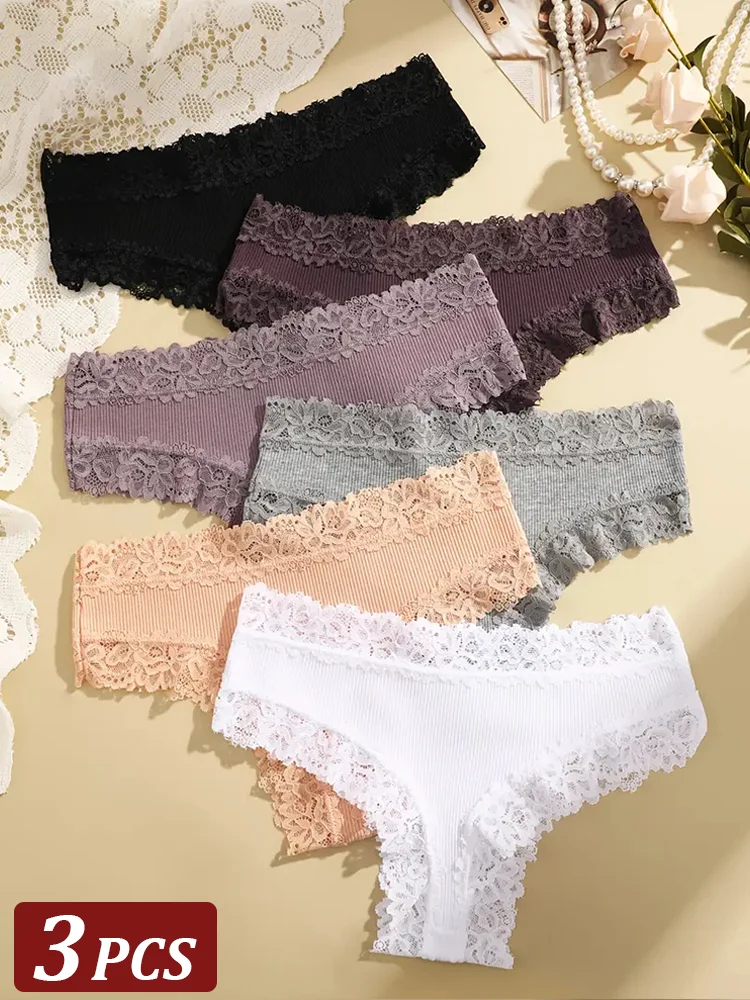 3Pcs/set Women Cotton Lace Panties Floral Intimate Underwear Trendy Patchwork L…