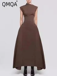 QMQA Fashion Women's Evening Elegant Dress Diagonal Collar Sleeveless Slimming Ankle-length Dresses 2025 New Clothing 1A255