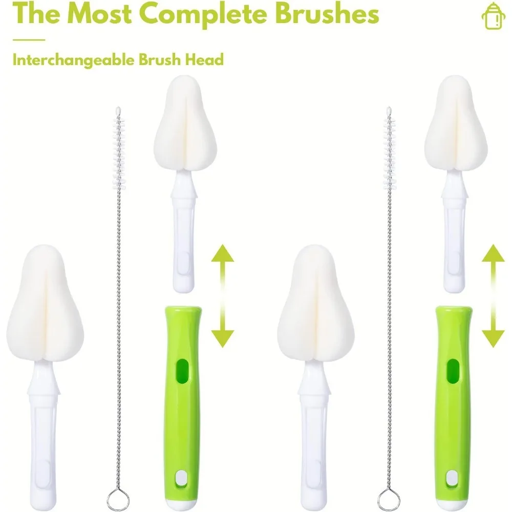 Sikat botol spons, sikat botol bayi dengan pembersih, kepala pengganti dan sikat sedotan, hijau