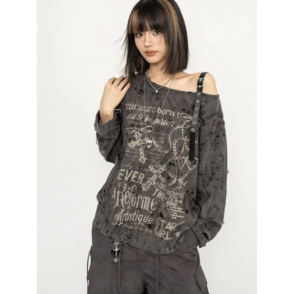 

Y2K Long Sve T-irt Women off oulder Oversize Tops Spring 2026 Other Material 00% Ladies Faion Sweatirt