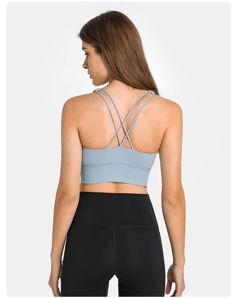 Sujetador deportivo suave y cómodo de limón para mujer, acolchado con tiras, entrenamiento físico, sensación desnuda, negro, Sexy, Top corto sin mangas para Yoga, ropa deportiva