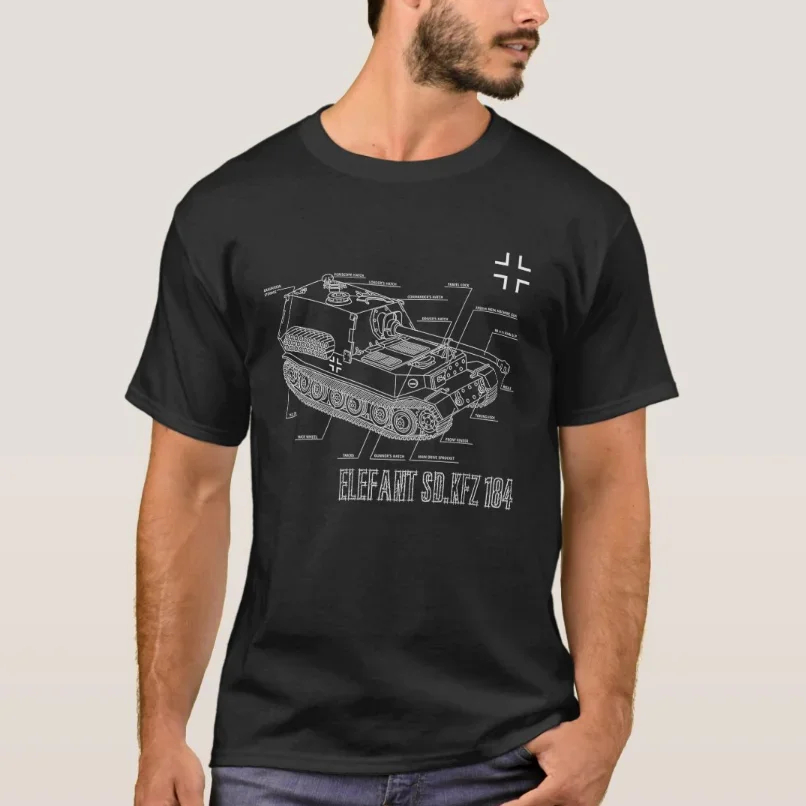 

WWII German Anti Tank Destroyer Elefant Blueprint T-Shirt 100% Cotton O-Neck Short Sleeve Casual Mens T-shirt Size S-3XL