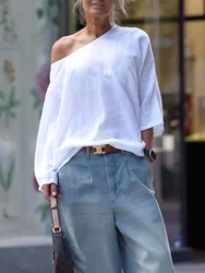 Modigirl 2025 Summer Spring Casual White T-shirts  One-shoulder Long Sleeves Loose Simple Basic Tops Tee Shirts S-2XL