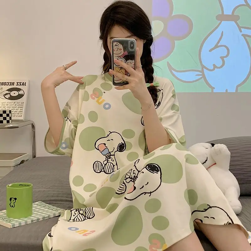 Snoopy Printed Homewear Pajamas Ice Silk Pajama Dress Summer Short-Sleeved Loose Large Yards Long Cartoon Anime Plush Toys Gift