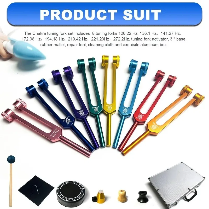 Colorful Tuning Fork 8 Piece Set Aluminum Alloy Chakra Tuning Fork Set with Box Sound Healing Portable Percussion Instruments