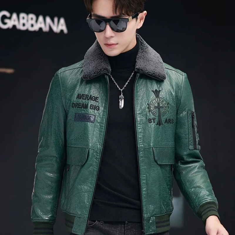 Tcyeek Real Leather Jacket Men Winter Clothes White Duck Down Coat 100% Sheepskin Mens Coats Lamb Wool Collar Detachable Trendy