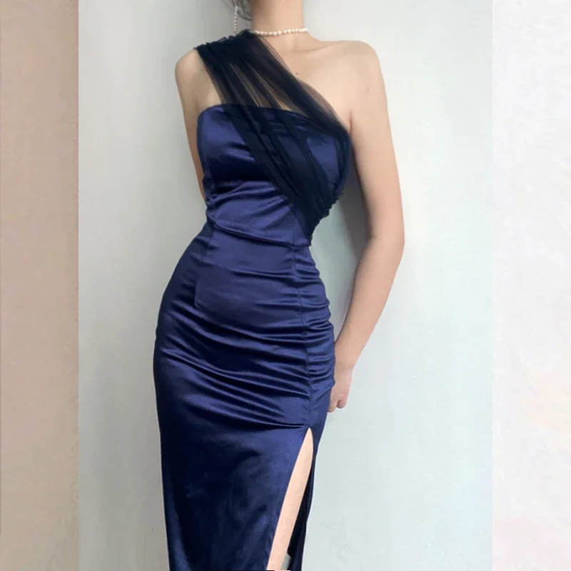 우아한 Tulle 이브닝 드레스 긴 라글란 어깨 높은 분할 래핑 된 드레스 멀티 착용 섹시한 미디 로얄 블루 파티 드레스