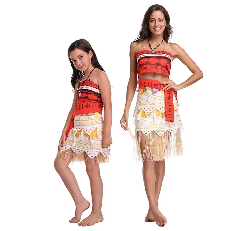 Halloween Cosplay Party Dress up Tassel Skirt Women\'s Moana Princess Costume With Necklace