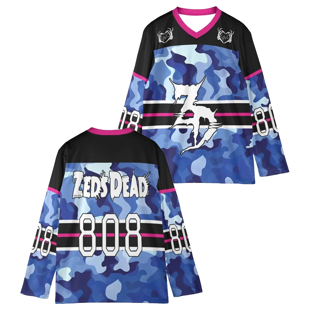 Zeds Dead Blue Camo Hockey Jersey 2026 Music Festival V-Neck Long Sleeve Loose Top Shirts Women Men Athletic Sport T-shirt