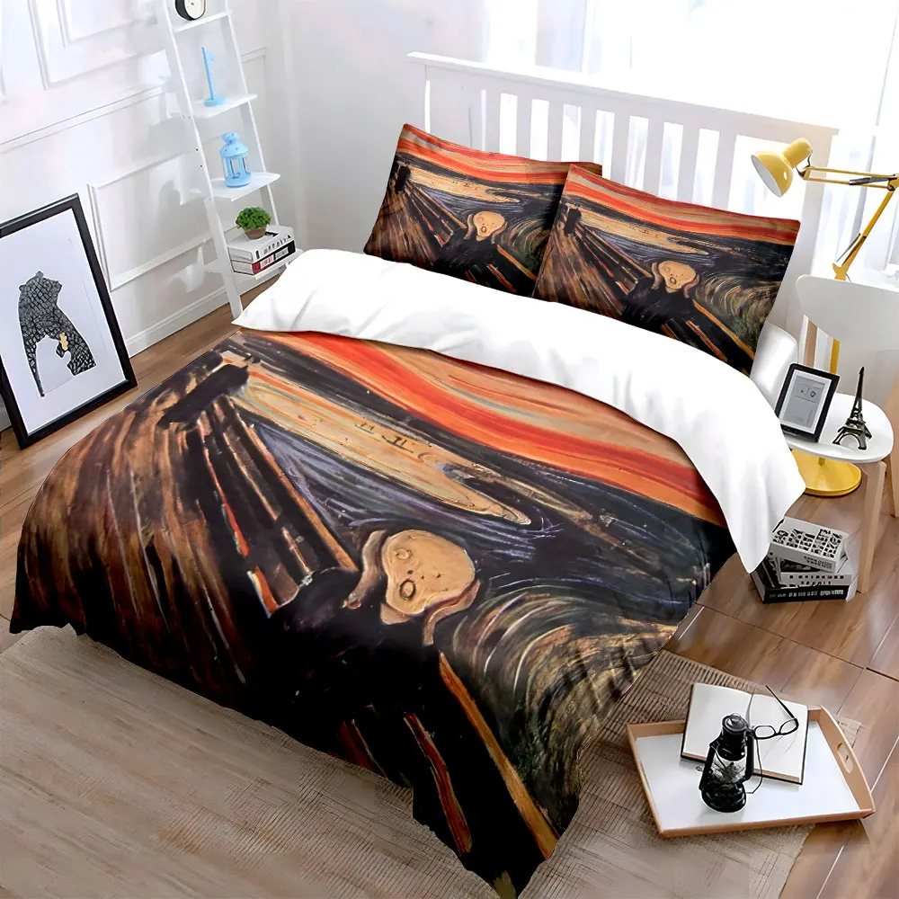 Screaming figure on fiery bridge painting Bedding Set for Kids Luxury Gift 3pcs Digital Print Comforter Set Soft Comfortable