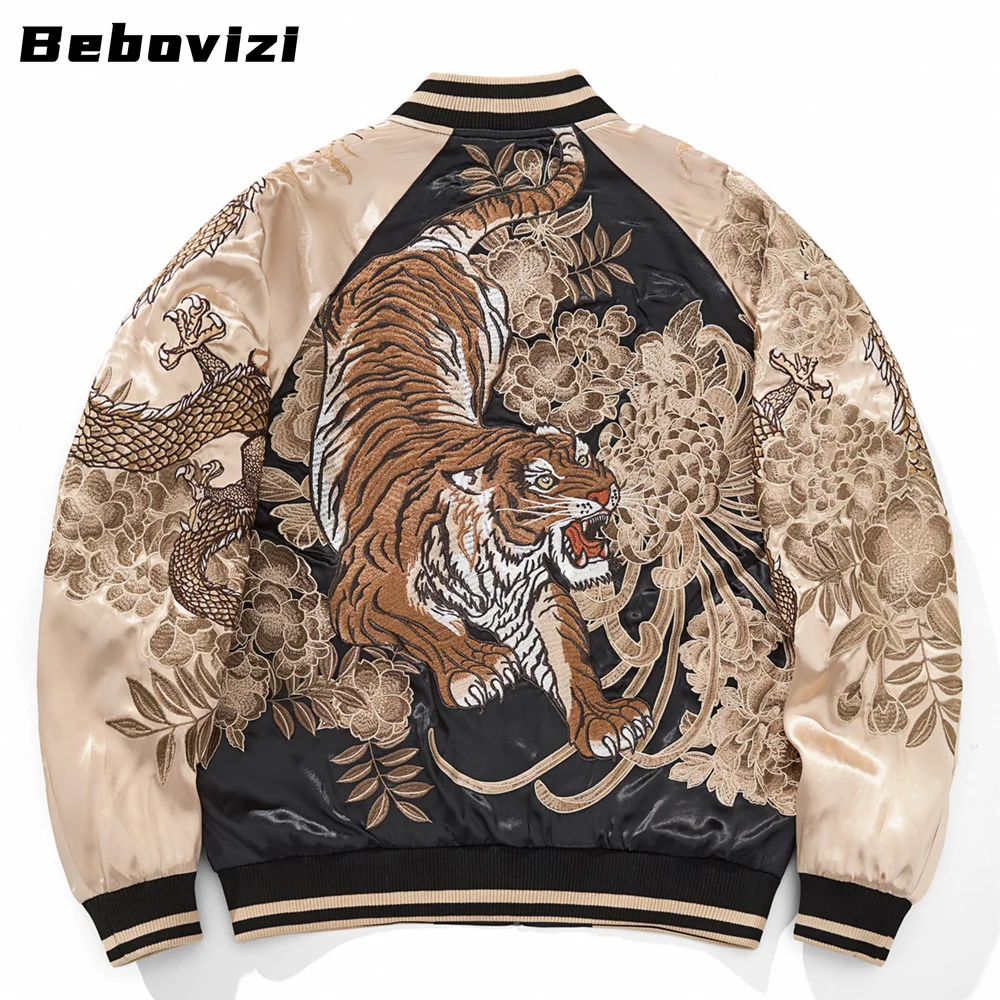 Bomberjacke mit Drachen-Tiger-Stickerei – Herren-Baseballmantel im japanischen Souvenir-Stil mit Raglanärmeln, Herbst 2025, Herbst
