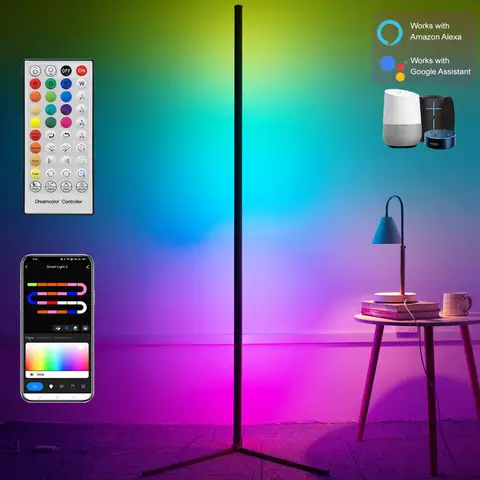 160cm 스마트 Tuya 코너 플로어 램프 디 밍이 가능한 RGB LED 현대 무드 조명 Alexa 스탠드 조명 침실 게임 거실 장식