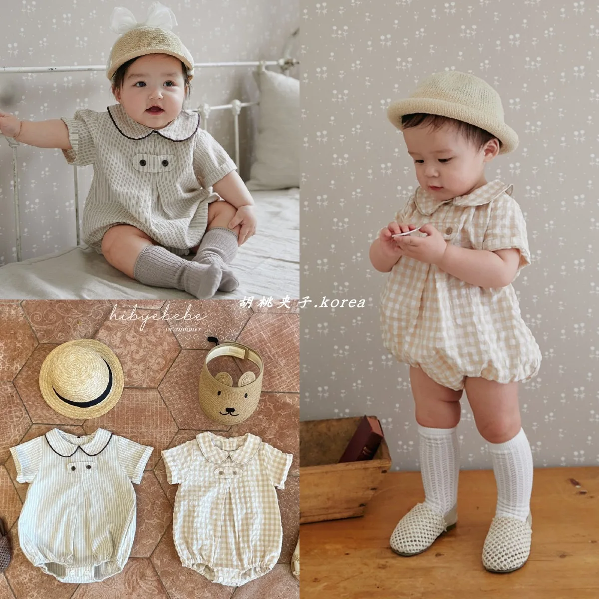 2024 Summer New Baby College Style Lapel Bodysuit Cotton Infant Casual Striped Jumpsuit Newborn Toddler Plaid Clothes 0-24M