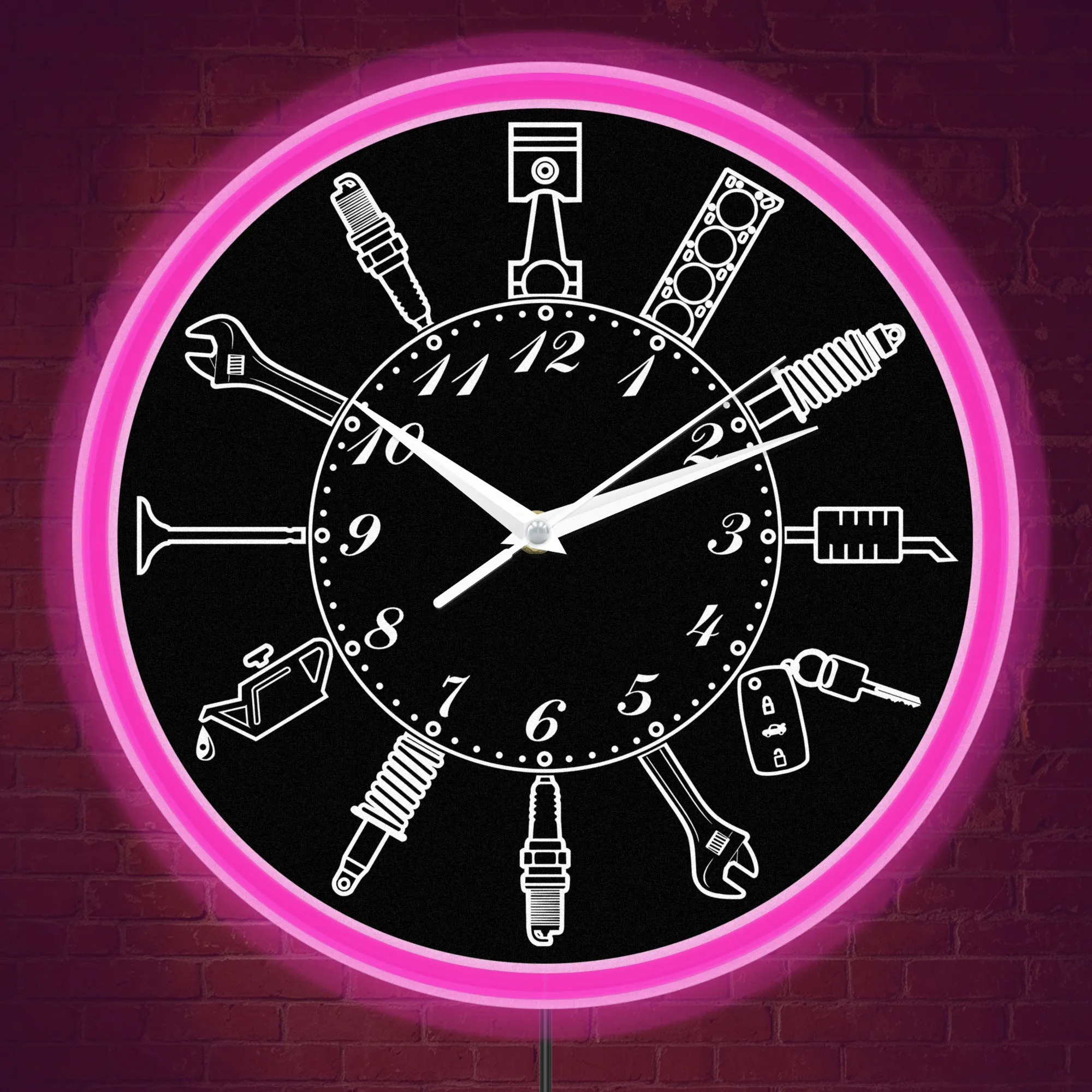 Black White Auto Service Tool LED Neon Wall Clock For Garage Workshop Man Cave Auto Repair Shop Mechanic Illuminated Wall Clock
