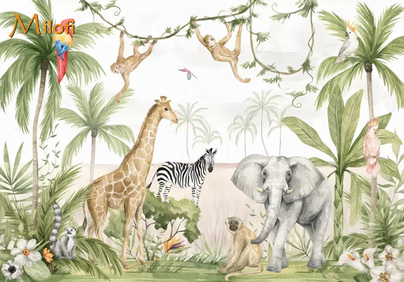 Milofi Aangepaste High-End Muurschildering Tropische Jungle Giraffe Warm Cartoon Behang Kinderkamer Woondecoratie - afbeelding 1