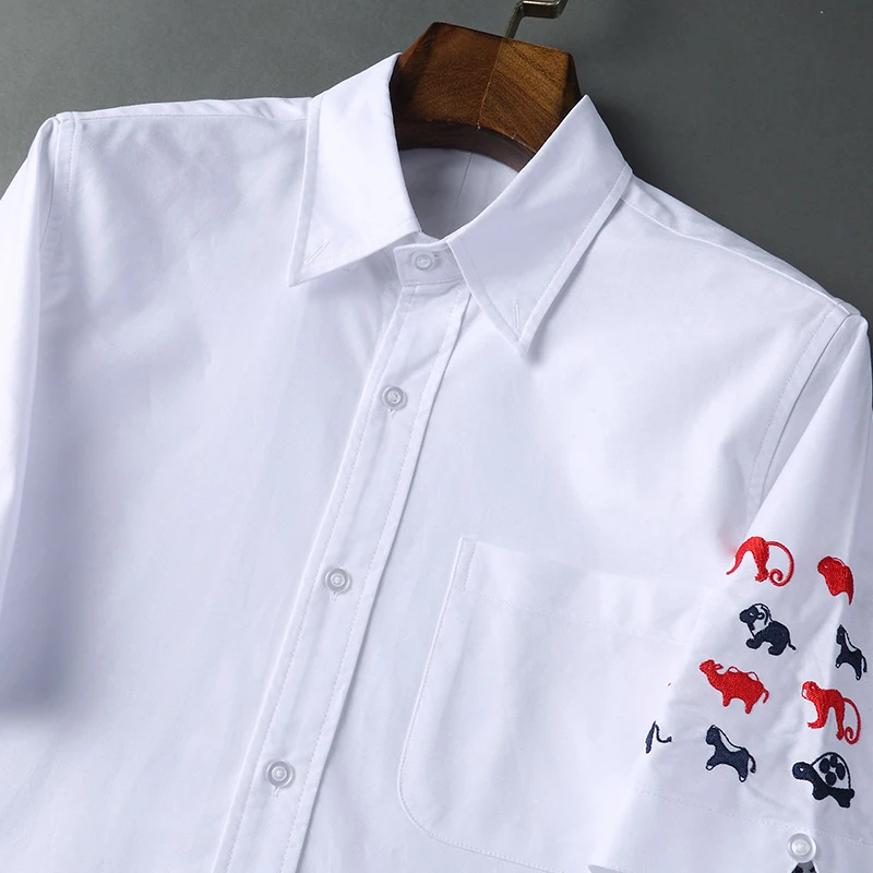 TB THOM Shirt Summer Fashion Brand Short Sleeve Men\'s Shirt Animals Embroidery 4-bar Striped Cotton Oxford Quality TB Shirt