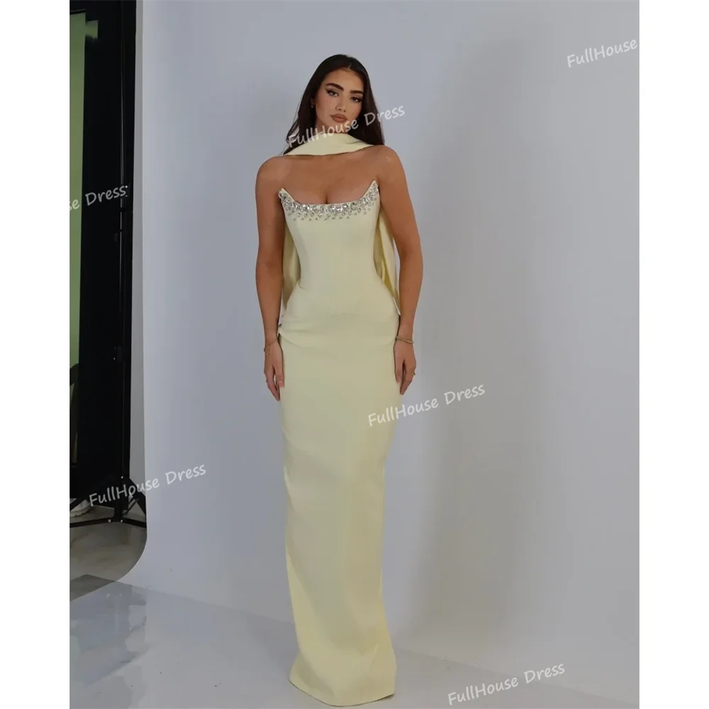 

Custom Made Charming Strapless Pleated Sexy Sheath Evening Gown Backless Floor Length Shawl Party Dress with Crystal
