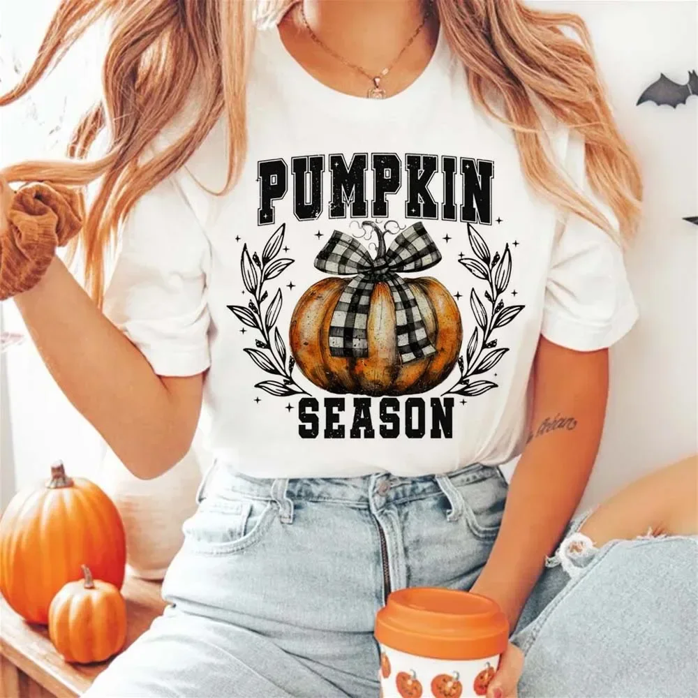 Pumpkin Season Coquette Bow Pattern T-Shirt for Women\'s Clothing Printed Loose Plus Size T-Shirt for Women\'s Casual Basic T-Shir