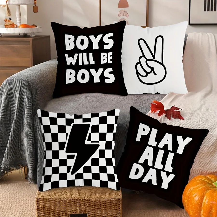 Modern Black Decorative Pillowcase, Checkered Hand Lightning Design Cushion Covers, No Pillow Insert