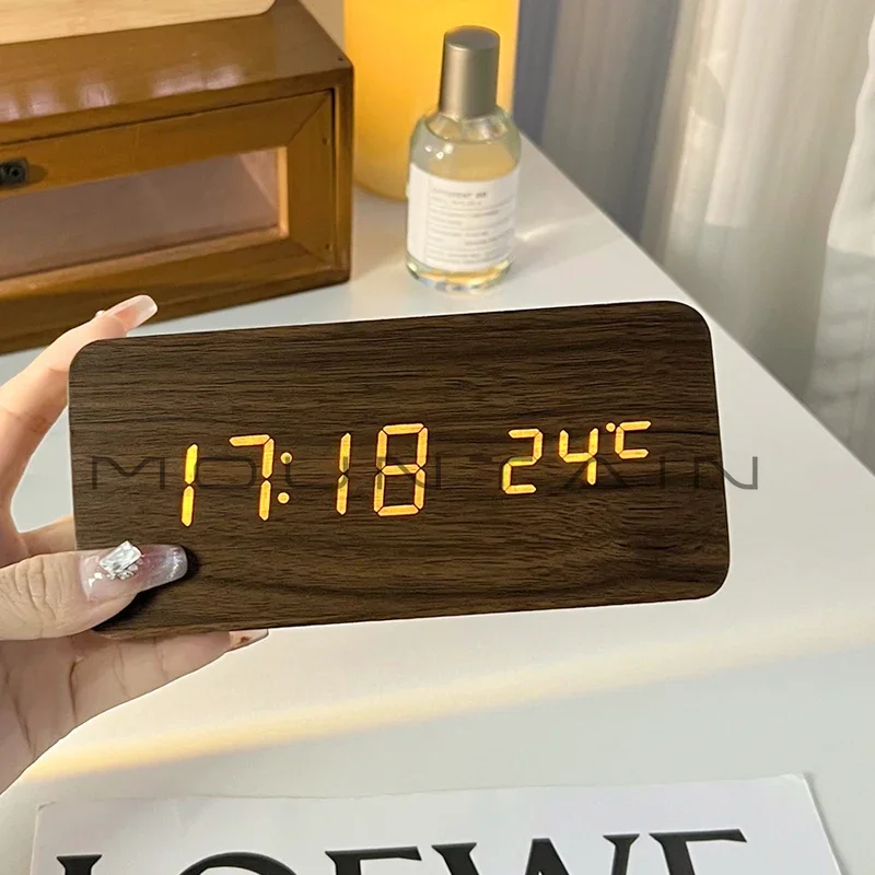 Wooden LED electronic clock pendulum desktop digital luminous silent alarm clock