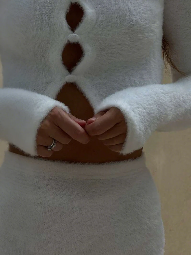 Weird Puss Basic Classic Knit Set da 2 pezzi Tuta da donna Casual monopetto Collo basso Manica intera Crop Top + Short Streetwear