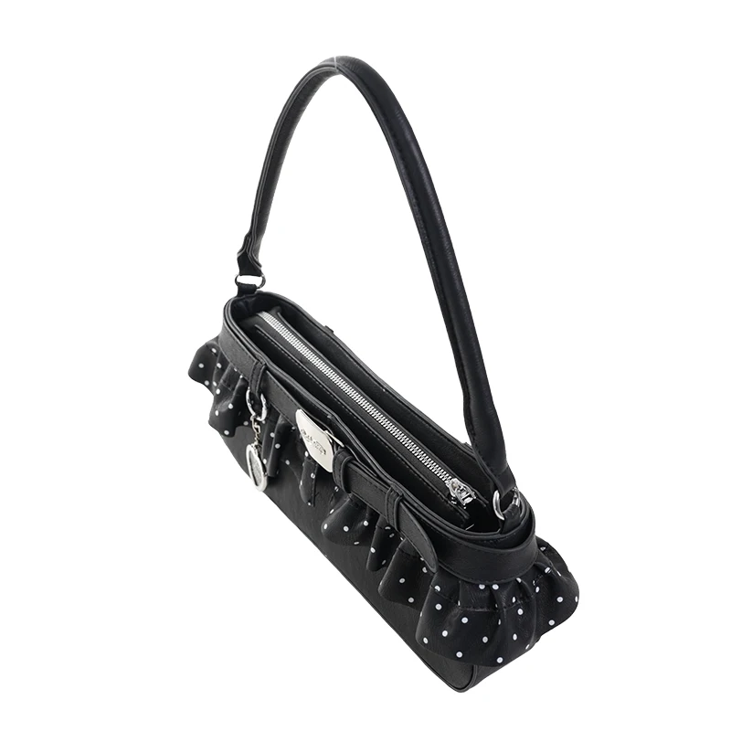 Umhängetasche mit gepunktetem Rüschenrand, Damen-Hobo-Handtasche, schicke Unterarmtasche im East-West-Stil, Y2k-Pendlertasche für Mädchen – Detail 4