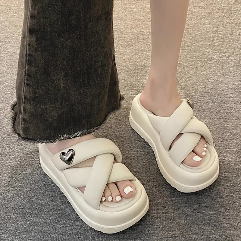 Mode Slippers Vrouwen Platform Sandalen Hoge Hakken Sandalen Zomer Vrouw Schoenen Strand Slippers Effen Glijbanen 2024 Slippers