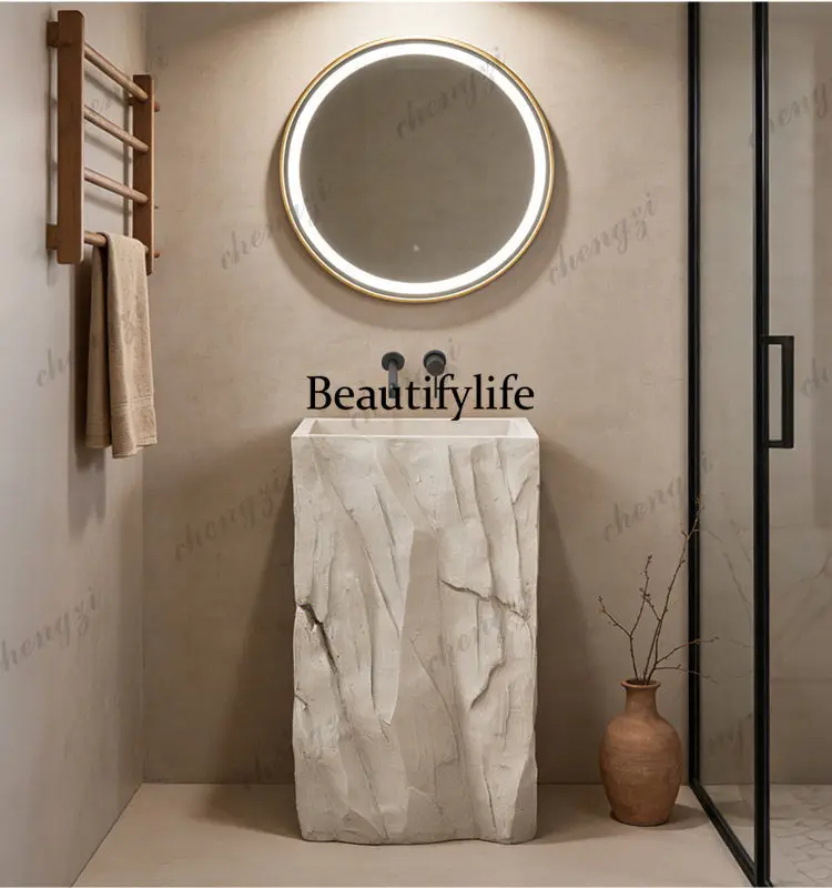 Floor-to-ceiling, Japanese-style pillar basin, rock texture washbasin, household and outdoor integrated