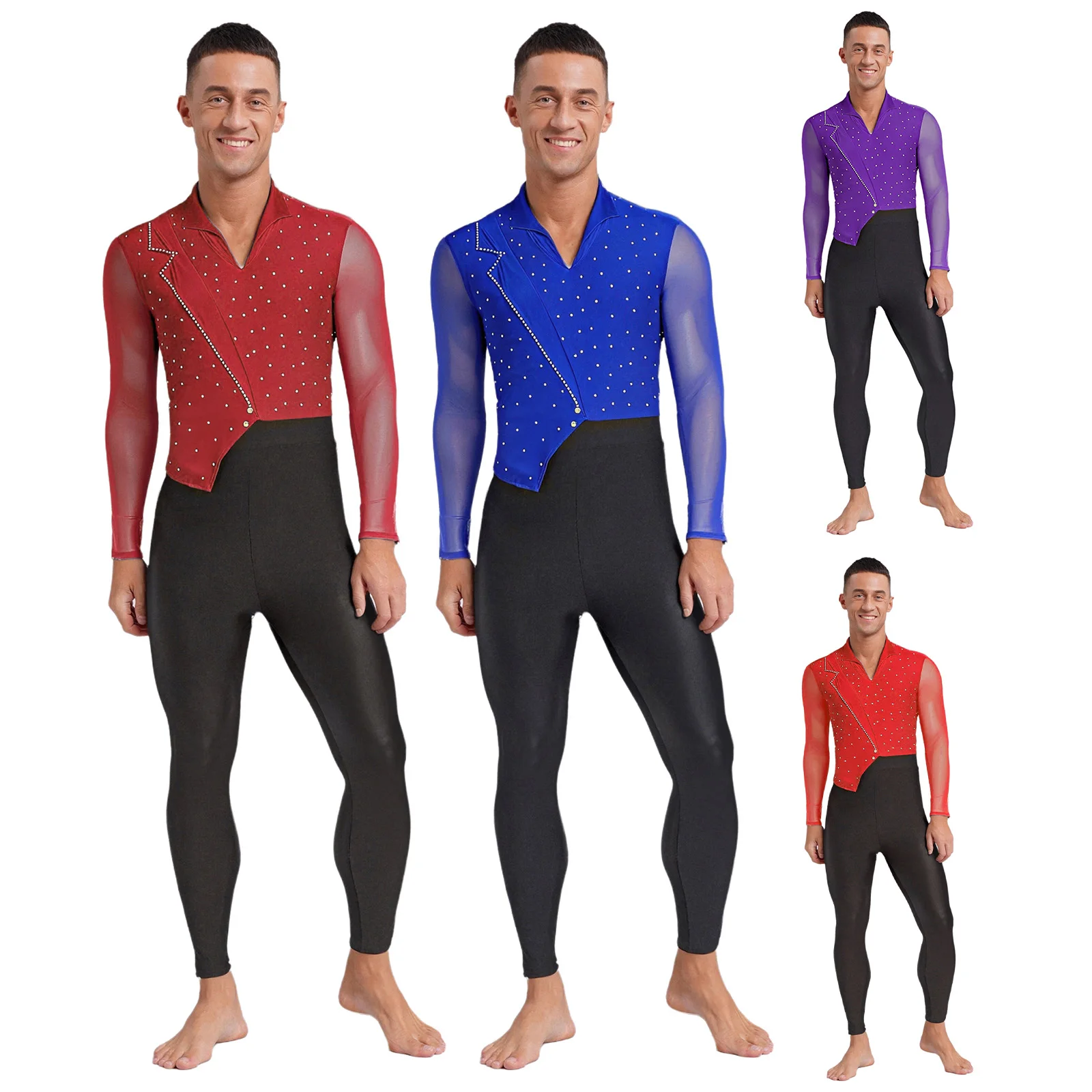 Combinaison de danse pour hommes, maille transparente, manches longues, strass, body pour patinage artistique, gymnastique, spectacle, compétition sur scène