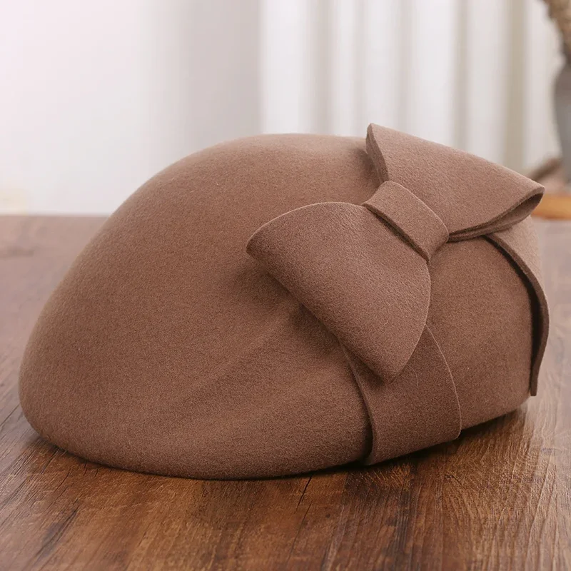 USPOP Elegant Stereotyped Bow Beret French Retro Big Bow Beret Hat for Women Autumn Winter Woolen Hat
