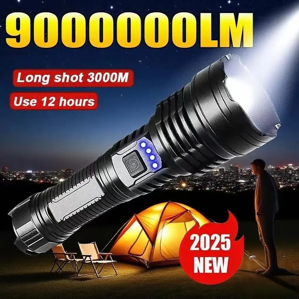 2025 New 9000000LM Flashlight 3000M Long Shot 12H Use IPX6 Waterproof 5 Modes Telescopic Zoom Type - c Charging