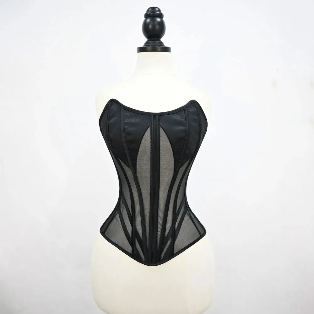 

Women Corset Bustier Overbust Mesh Palace Bodice Lace Up Steel Boned Tight Tops For Wedding Party Sexy Strapless Crop Tops