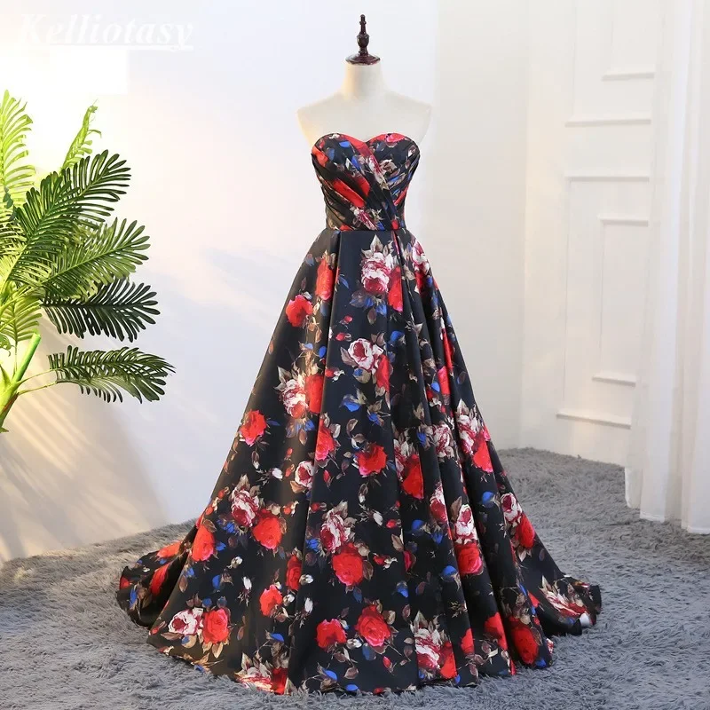 Vestidos de Noche florales estampados personalizados escote corazón Aline vestido de fiesta de moda para mujer con cordones en la espalda