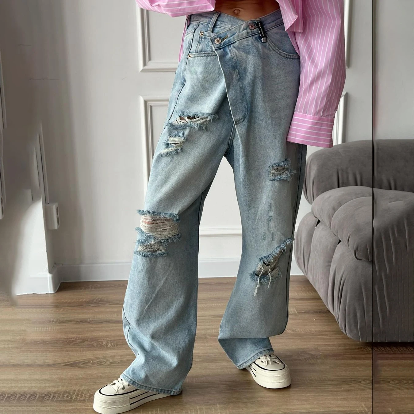 American Fashion Hot Girl Jeans Perforated Design Straight Leg Slimming Pants Fashionable And Trendy Women's Clothing