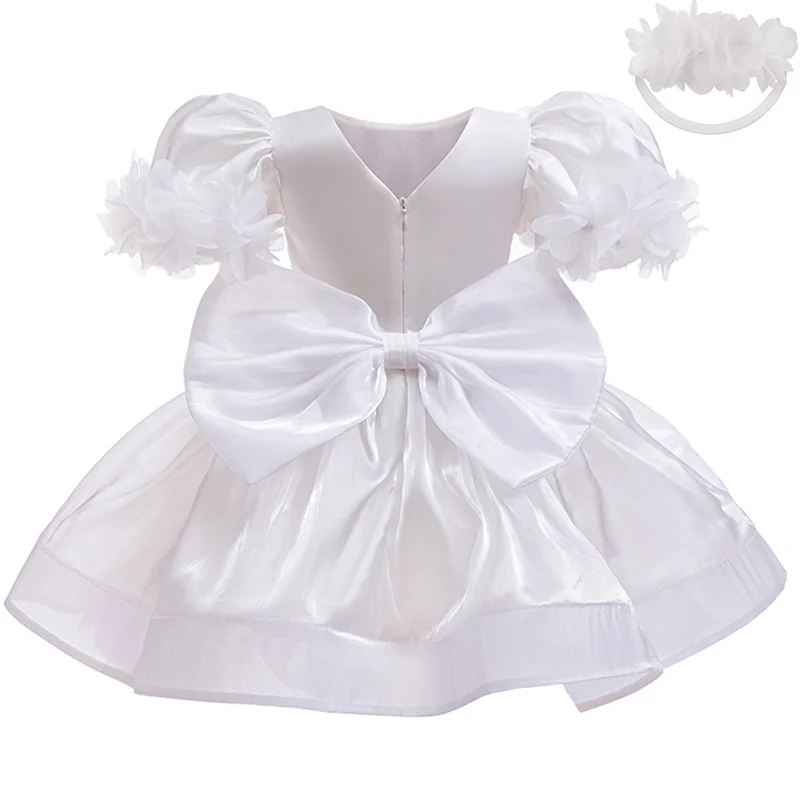 فستان الأميرة لعيد الميلاد الأول للفتيات الصغيرات، فستان أبيض كبير بفيونكة مع عصابة رأس على شكل زهرة للأطفال لحفلات الزفاف وحفلات المعمودية