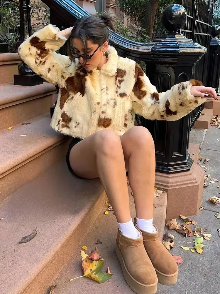 HH 2024 Winter Fashion Faux Fur Coats For Women Long Sleeves Print Side Pockets Zipper Fly Turn-Down Collar Causal Jackets