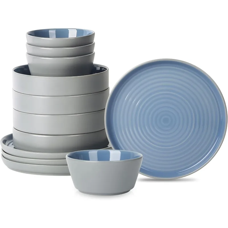 12-Piece Modern Dinnerware Set Stoneware, Plates and Bowl Sets for 4, Blue and Grey