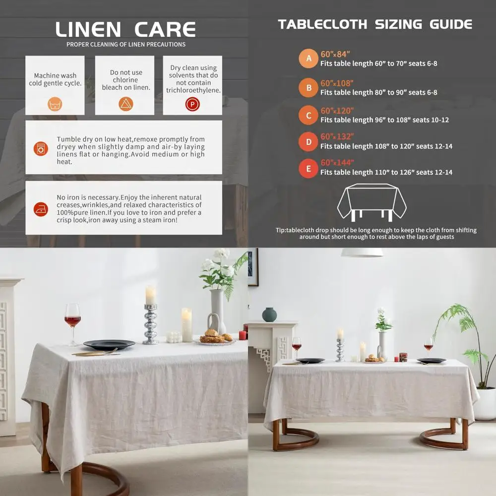 

Pure Linen Rectangle Tablecloths, 120x60 for Dining, Parties, Picnics, Events, Weddings, and Restaurants - Machine Washable Natu