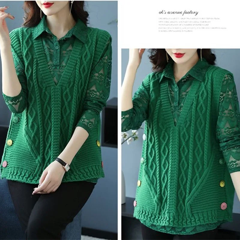 

Женский модный вязаный жилет-рубашка, осенний, больших размеров до 6XL, свитер-кардиган, рубашка, корейский женский кружевной топ, комплект из двух предметов