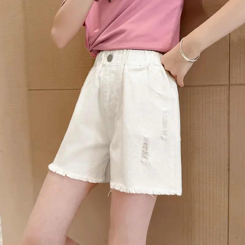Elegant Girls' Denim Shorts 2026 Summer Teenage Children Fashion Ripped Hot Pants 6-16 Years Old Wear Fashion Children's Pants